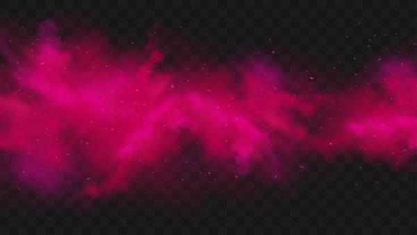 دود قرمز یا رنگ مه ایزوله شده روی پس زمینه تاریک شفاف انفجار پودر قرمز انتزاعی با ذرات منفجر شدن ابر غبار رنگارنگ هولی رنگ اثر دود غبار تصویر وکتور واقعی