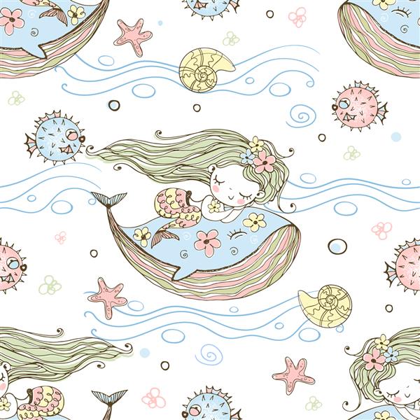 الگوی بدون درز با پری دریایی های زیبا که روی نهنگ ها می خوابند وکتور