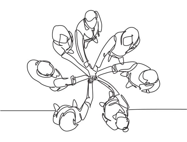 یک گروه ترسیم خطی متشکل از تجار جوان شاد دست‌های خود را با هم متحد می‌کنند تا نماد دایره‌ای شکل نمای بالا را تشکیل دهند تصویر وکتور طرح طراحی خط پیوسته مفهوم کار تیمی مرسوم مد روز