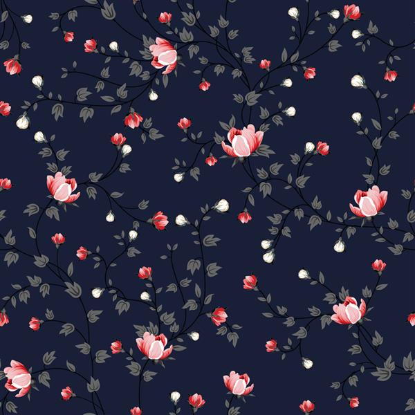 گل‌های وکتور کوچک قرمز با الگوی برگ‌های خاکستری در پس‌زمینه سرمه‌ای