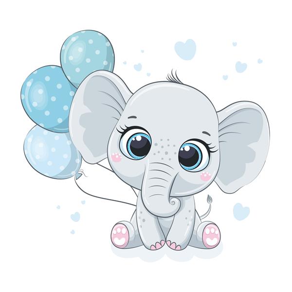 بچه فیل ناز با بادکنک تصویر وکتور برای حمام نوزاد کارت تبریک دعوت نامه مهمانی چاپ تی شرت لباس مد