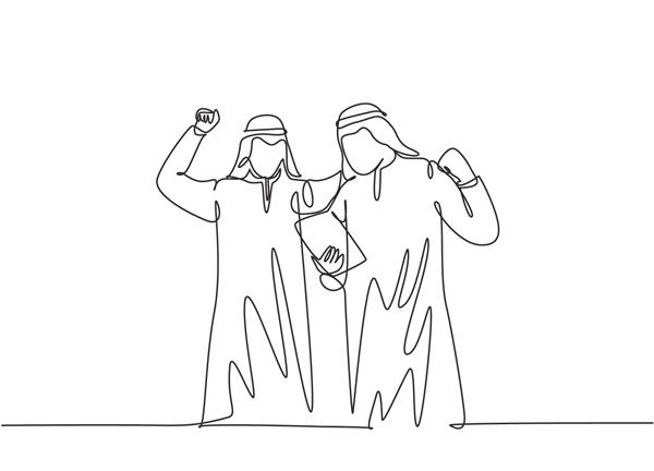 یک نقاشی تک خطی از مدیر فروش مسلمان جوان شاد و در حالی که گجت ساعت را جشن می گیرد موفقیت را جشن می گیرد عربستان سعودی با کاندورا روسری تیوب غوترا تصویر وکتور طراحی خط پیوسته