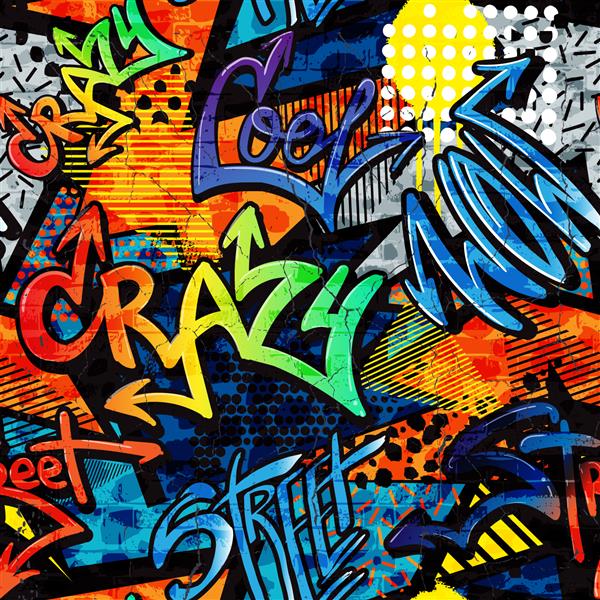 الگوی گرافیتی روشن انتزاعی با آجر قطره رنگ کلمات به سبک گرافیتی طراحی شهری گرافیکی برای پارچه لباس ورزشی چاپ