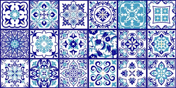 مجموعه 18 کاشی و سرامیک به سبک ترکی تکه‌کاری رنگارنگ بدون درز از کاشی‌های Azulejo دکور پرتغالی و اسپانیایی اسلام عربی هندی عثمانی وکتور پس زمینه طراحی شده با دست