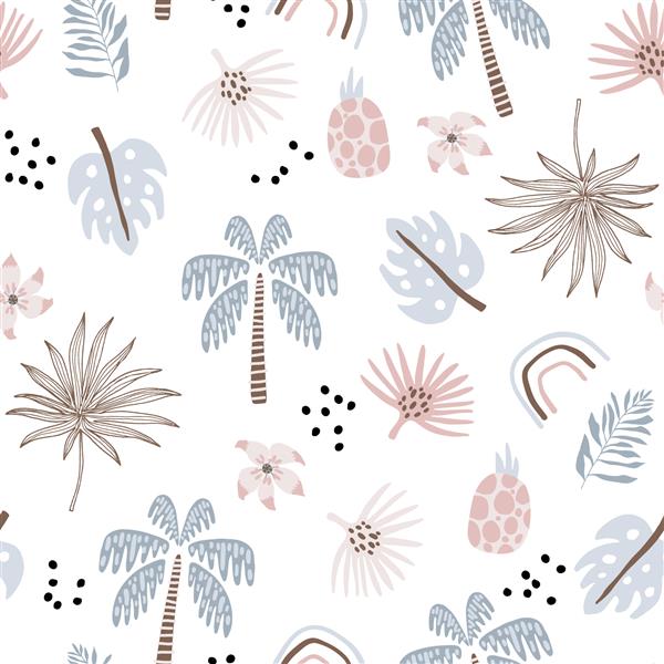 الگوی بدون درز با درختان نخل گل‌ها آناناس کشیده شده با دست بافت مدرن تابستانی خلاقانه برای پارچه بسته بندی پارچه کاغذ دیواری پوشاک تصویر وکتور
