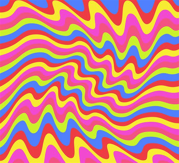 طراحی کاغذ دیواری هیپی دهه 1960 پس‌زمینه پر زرق و برق برای مهمانی‌های روان‌گردان دهه‌های 60 تا 70 با رنگ‌های رنگین‌کمان اسیدی روشن و الگوی موج‌دار هندسی شیاردار