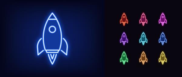 نماد موشک نئون تابلوی درخشان فضاپیمای نئونی پرواز سفینه فضایی در رنگ‌های زنده اکتشاف فضا راه اندازی استارتاپ ارتقای محصول نوآوری مجموعه آیکون علامت نماد برای UI تصویر وکتور
