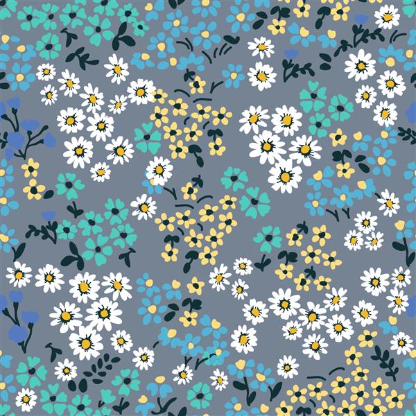گل های تابستانی کوچک در پس زمینه خاکستری الگوی وکتور بدون درز چاپ وینتیج با گل آذین مجموعه پارچه یکپارچهسازی با سیستمعامل