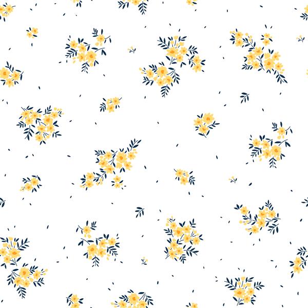 الگوی گل گل های زیبا در زمینه سفید چاپ با گل های کوچک زرد چاپ دیتسی بافت وکتور بدون درز دسته گل بهاری