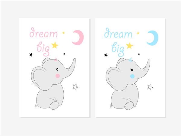 پوسترهای زیبا با وکتور فیل های کوچک برای اتاق کودک حمام کودک کارت تبریک تی شرت و لباس بچه و بچه مهد کودک نقاشی شده با دست