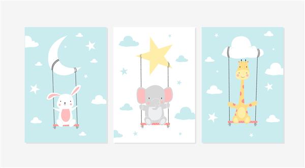 پوسترهای زیبا با وکتور خرگوش کوچولو فیل و زرافه برای اتاق کودک حمام نوزاد کارت تبریک تی شرت و لباس بچه و بچه مهد کودک نقاشی شده با دست