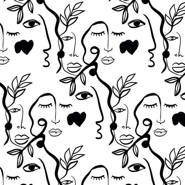 الگوی صورت های طرح خطی خط کشی مداوم طراحی کاغذ بسته بندی ساده با چهره کوبیسم بافت انتزاعی معاصر هنر یک خطی