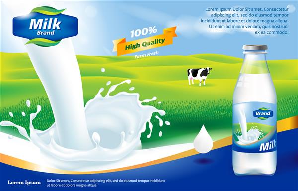 آگهی تبلیغاتی Milk Splash شیر تازه با زمین چمن و تصویر سه بعدی وکتور آسمان بوکه