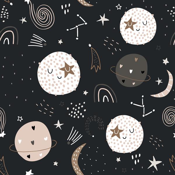 الگوی بدون درز کودکانه با سیارات ستاره ها ماه و با دست زیبا پس زمینه کودکان خلق و خوی فضایی مناسب برای پوشاک پارچه پارچه کاغذ دیواری تصویر وکتور
