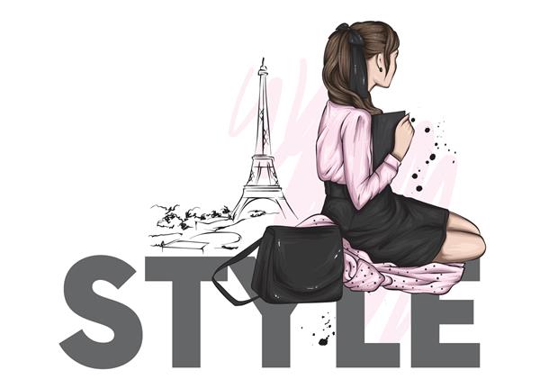زن زیبا با لباس های شیک روی پس زمینه پاریس نشسته است تصویر وکتور مد و استایل لباس و اکسسوری