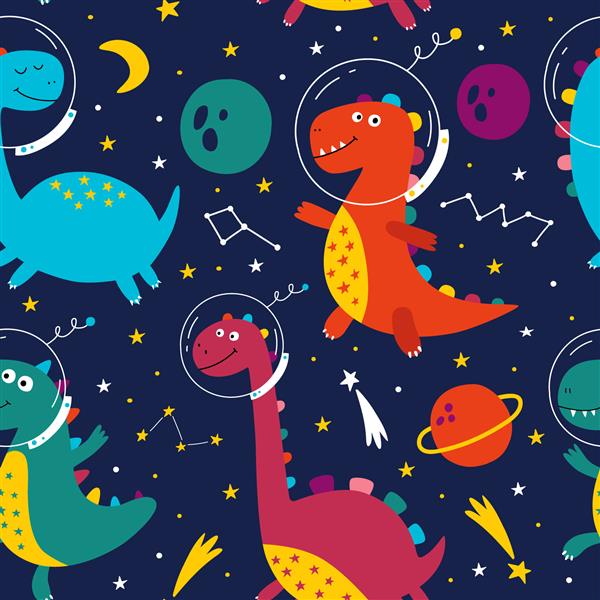 الگوی بدون درز با دایناسورهای زیبا در فضا دایناسور کیهان نورد تصویر وکتور دست کشیده چاپ نوزاد عالی برای پارچه های کودکانه کاغذ دیواری