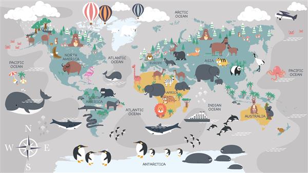 نقشه جهان با حیوانات کارتونی برای بچه ها طبیعت کشف و نام قاره نام اقیانوس نام کشورها تصویر وکتور