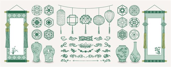 مجموعه ای از عناصر شرقی طراحی شده با دست طومارها و فانوس های آویزان آسیایی گلدان های سرامیکی نقش های سنتی تزئینات شرقی تصاویر وکتور