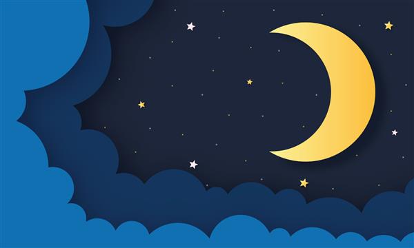 آسمان شب ماه ستاره ها و ابرها در نیمه شب سبک هنر کاغذی تصویر وکتور