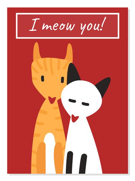 کارت پستال اصلی برای روز ولنتاین من تو را میو گربه های ناز عاشق که روی پس زمینه قرمز در آغوش گرفته اند حیوانات کارتونی