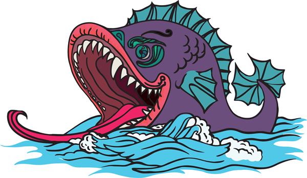 تصویر وکتور رنگی ماهی کارتونی افسانه ای با دهان و دندان باز روی امواج