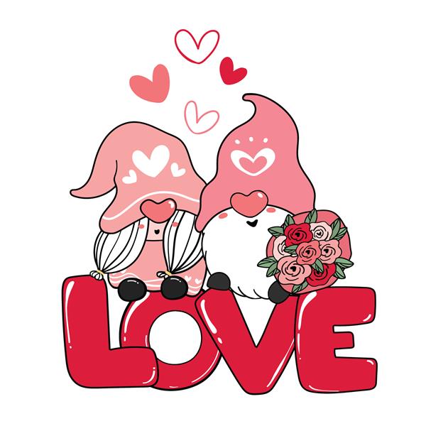 دو زوج گنوم عاشقانه ولنتاین روی کلیپ آرت نامه عاشقانه قرمز وکتور کارتونی عشق شاد