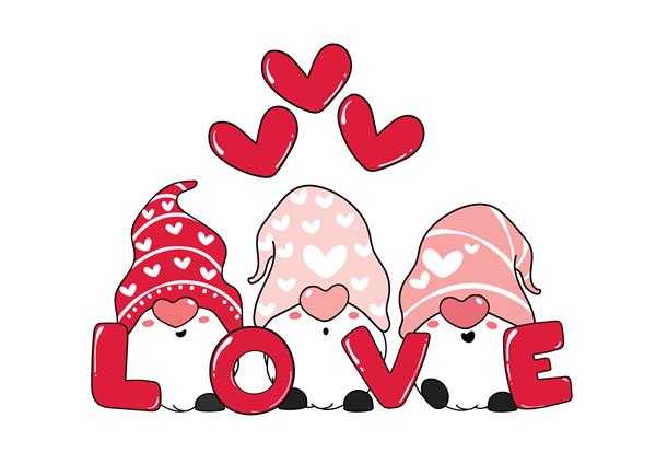 سه گنوم صورتی ناز عشق با قلب روز ولنتاین تصویر وکتور کارتونی برای کارت پستال تی شرت لباس قابل چاپ