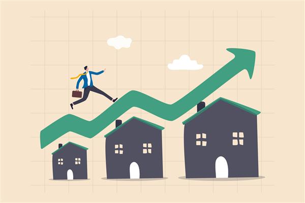 افزایش قیمت مسکن مفهوم رشد املاک یا ملک تاجری که بر روی نمودار سبز رو به افزایش روی پشت بام خانه اجرا می شود