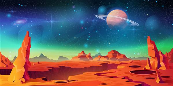 چشم انداز سطح مریخ پس زمینه سیاره بیگانه زحل در آسمان پرستاره وکتور بیابان قرمز با کوه ها دهانه ها و ستاره های درخشان پس زمینه بازی کامپیوتری فرازمینی مریخی دنیای کارتونی