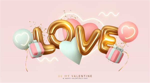 ترکیب خلاقانه رمانتیک روز ولنتاین مبارک اشیاء تزئینی سه بعدی جشن بادکنک های قلبی شکل و نامه عشق جعبه هدیه در حال سقوط کوفته طلای براق بنر و پوستر تعطیلات