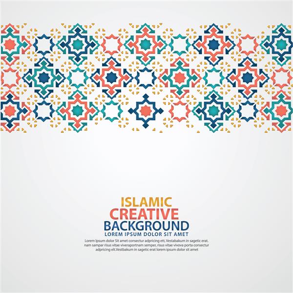 پس زمینه بنر کارت تبریک اسلامی با جزئیات رنگارنگ زینتی تزئینات هنری اسلامی موزاییک گلدار تصویر وکتور