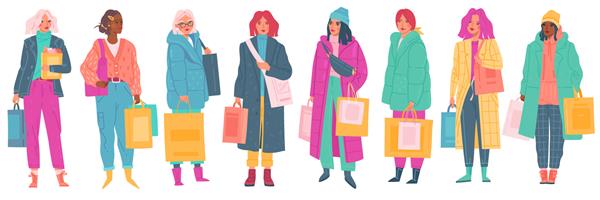مد زنانه شخصیت های زن با کیف های خرید دخترانی با لباس های مدرن ظاهر خیابانی با کیف های کاغذی فصل تخفیف مجموعه وکتور