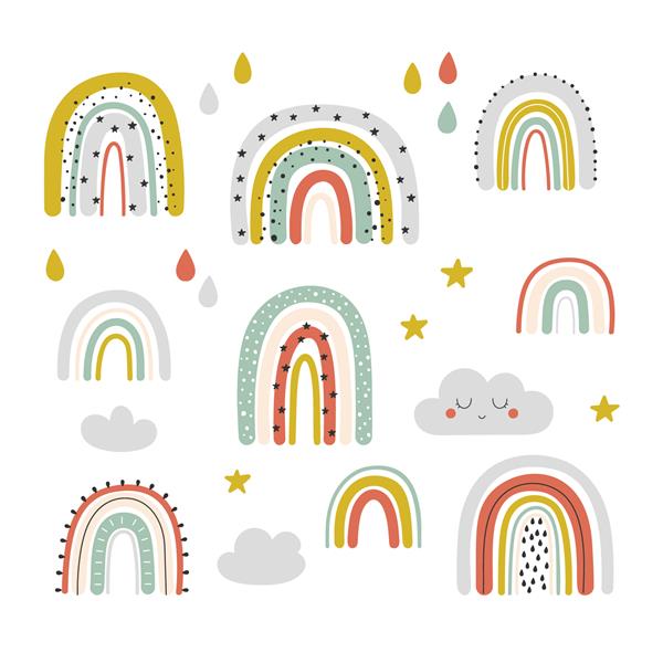 وکتور مجموعه کودک طراحی شده با دست با رنگین کمان و ابر به سبک اسکاندیناویایی جدا شده در پس زمینه سفید ایده آل برای حمام نوزاد تولد جشن کودکان تعطیلات تابستانی چاپ لباس