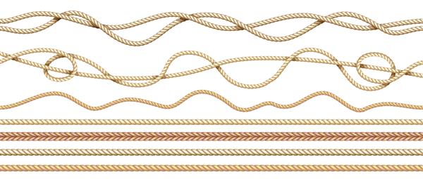 طناب های واقع گرایانه نخ های پیچ خورده ملوانی طبیعی سه بعدی حاشیه های طناب های جوت بدون درز با بافت در هم تنیده کابل های کنفی دریایی مستقیم و منحنی جدا شده وکتور ست ریسمان بافته شده به سبک دریایی