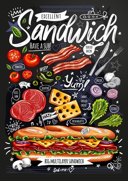 پوستر غذا آگهی فست فود مواد اولیه منو ساندویچ ساب میان وعده سبزیجات خرد شده پنیر ژامبون بیکن سبک کارتونی خوشمزه جدا شده وکتور طراحی شده با دست