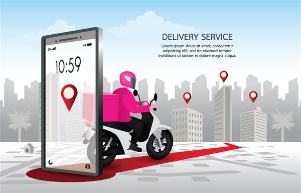 مرد تحویل سریع با موتور سیکلت مشتریانی که در برنامه تلفن همراه سفارش می دهند موتورسوار طبق نقشه GPS حرکت می کند پس زمینه شهر منظره است طراحی وکتور تصویر برای بنر وب