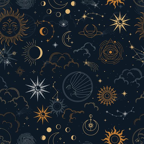 وکتور الگوی بدون درز جادویی با صورت فلکی خورشید ماه چشمان جادویی ابرها و ستاره ها پس زمینه باطنی عرفانی برای طراحی پارچه بسته بندی طالع بینی کیف گوشی کاغذ کادو