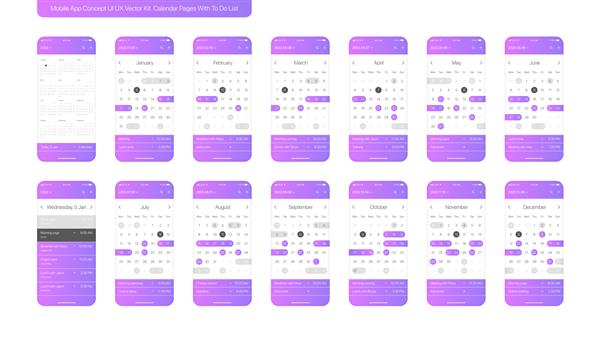 کیت وکتور مفهومی UI UX برنامه موبایل تقویم جدا شده در پس‌زمینه سفید مجموعه عناصر طراحی تقویم 2022 برای تلفن همراه و ابزارک های هوشمند دستیار برنامه ریز با الگوی چیدمان فهرست کارها