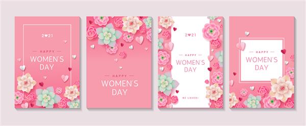 مجموعه ای از پوسترهای گلدار صورتی ناز برای تعطیلات روز زن 2021 مجموعه ای از طرح های مختلف با گل قلب و متن در زمینه صورتی مفهوم تبریک 8 مارس - تصویر وکتور