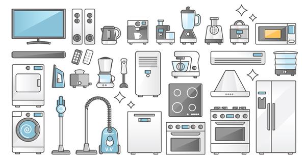 مجموعه لوازم خانگی و لوازم الکترونیکی و ماشین آلات خانگی مفهوم کلی را نشان می دهد تصویر وکتور عناصر تجهیزات برای آشپزی آشپزخانه تمیز کردن با جاروبرقی یا شستشوی لباس ابزارهای روزانه جدا شده داخلی