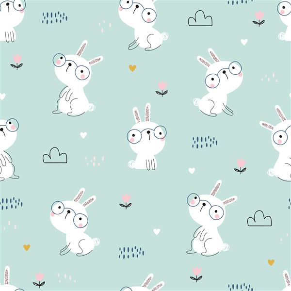 الگوی بدون درز با خرگوش های سفید زیبا قلب ها و عناصر گلدار در زمینه سبز اسم حیوان دست اموز کشیده شده پس زمینه طراحی خرگوش طراحی برای کودکان در وکتور