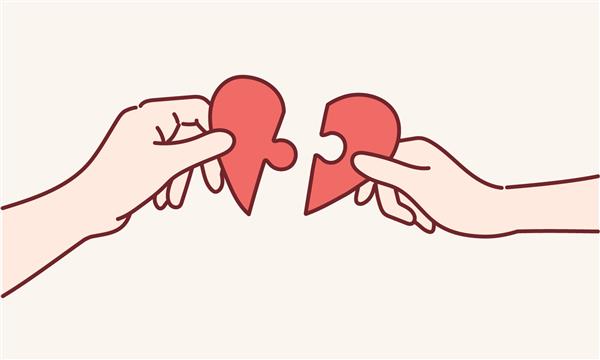 زن و مرد پازل قلب قرمز را کنار هم گذاشتند مفهوم روز ولنتاین تصاویر طراحی وکتور به سبک طراحی شده با دست
