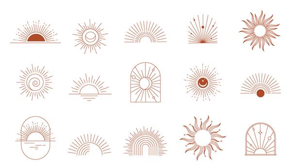 لوگوهای خطی بوهمیایی نمادها و نمادها خورشید قوس الگوهای طراحی پنجره عناصر طراحی انتزاعی هندسی برای دکوراسیون