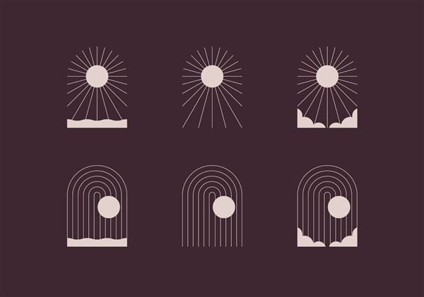 مجموعه ای از لوگو با خورشید و ماه پورتال طاق آسمان صاف آب ابر