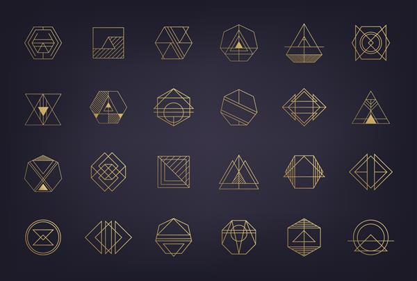 مجموعه وکتور لوگوهای هندسی انتزاعی هنر دکو هیپستر سبک خط طلایی دایره مثلث چند ضلعی اشکال خطی آزتک جادو نمادهای باطنی هندسه مقدس