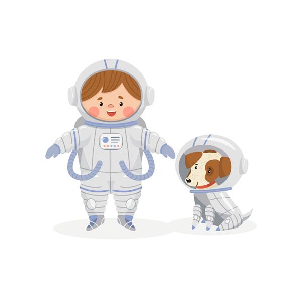 پسر فضانورد کوچک ناز با سگ در لباس فضایی در پس زمینه سفید فضا و کودکان تصویر وکتور وکتور به سبک کارتونی برای کارت پستال پوستر بنر پوستر
