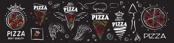 مجموعه ای از وکتور آرم پیتزا در پس زمینه مشکی