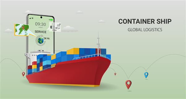 تحویل آنلاین با کشتی کانتینری در سرویس تلفن همراه ردیابی سفارش آنلاین لجستیک جهانی تحویل کشتی تدارکات دریایی انبار بار پیک مفهومی برای وب سایت یا بنر وکتور سه بعدی