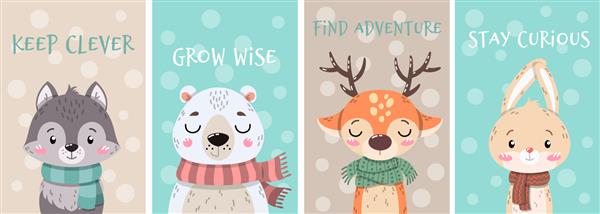 مجموعه ای از چهار حیوان کارتونی زیبای قطب شمال با روسری با پیام های متنی الهام بخش در بالا در طرح پوستر یا کارت تصویر وکتور کارتونی رنگی