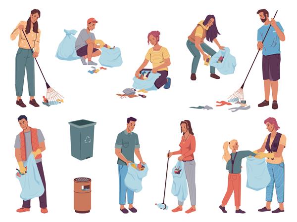 افرادی که داوطلبانه از زباله ها پاکسازی می کنند زباله ها را در کیسه ها جمع می کنند سطل های گرد و غبار طراحی شخصیت های کارتونی مسطح تیم وکتور از بزرگسالان و کودکان حفاظت از محیط زیست زن مرد در حال جمع آوری زباله با هم